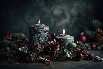 A festive arrangement of Christmas candles surrounded by pine cones, holly leaves, and ornaments on a dark background.