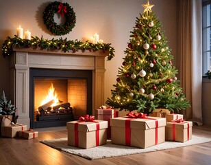 Christmas gifts by a decorated tree and fireplace