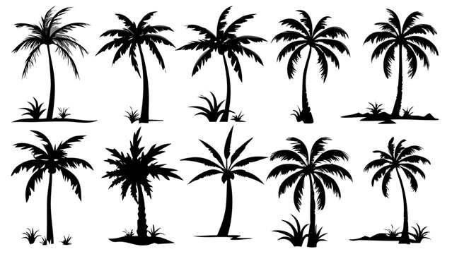 Palm tree silhouettes for tropical vacation vibes and summer designs, perfect for travel brochures, logo elements, or beach themed party invitations