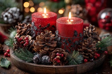 A festive arrangement featuring a candle surrounded by pine cones, holly leaves, and ornaments on a table.