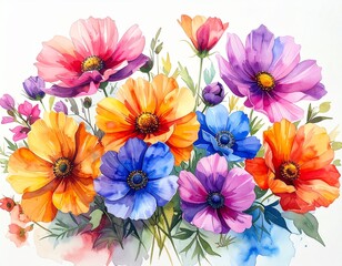 Watercolor Painting of Colorful Flowers on White Background