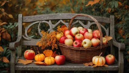 Autumn Harvest Apples Pumpkins and Fall Foliage on Rustic Wooden Bench.