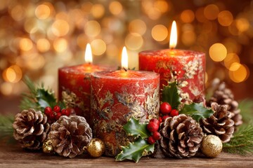 A festive arrangement of three candles surrounded by Christmas decorations, including pine cones and holly leaves.