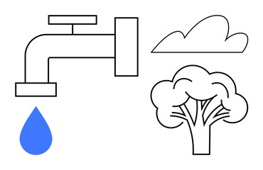 Water tap with blue droplet, cloud, and tree emphasize conservation, sustainability, and ecology. Ideal for environmental awareness, water preservation, climate change, education ecosystem