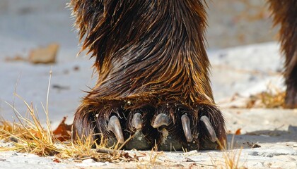 Close-up Shot of a Grizzly Bear's Paw with Large Claws and Wet Fur