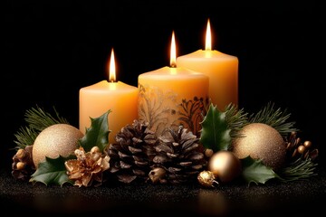 A festive arrangement of three candles surrounded by Christmas decorations including pine cones and holly leaves.