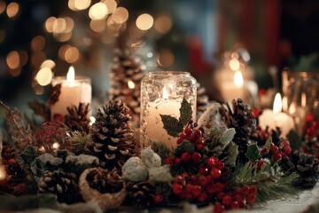 A festive arrangement of candles surrounded by pine cones, holly leaves, and ornaments on a table