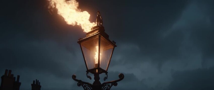 Illuminated lantern against a dark cloudy sky at twilight