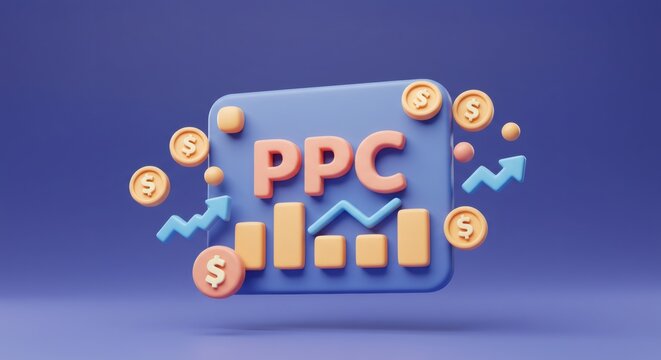 Abstract PPC Concept with Orange Bars and Coins on Purple Background with Upward Arrows and Wavy Lines for Financial Growth