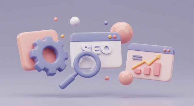 Abstract SEO Concept with Floating Elements in Pastel Colors Rendered in 3D