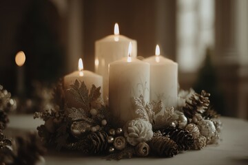 A festive candle surrounded by pine cones, holly leaves, and ornaments on a table, creating a cozy Christmas atmosphere.