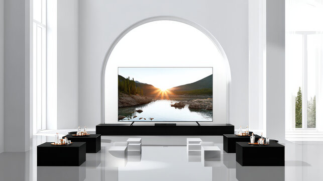 A modern living room with a large screen TV set, offering a serene view of nature, combined with stylish furnishings 