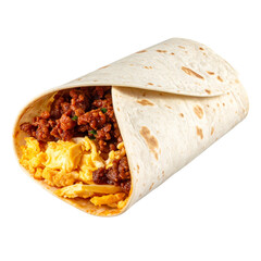 A chorizo and egg breakfast burrito isolated on transparent background, png