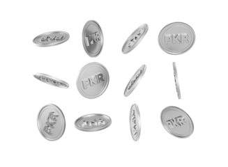 Dynamic silver Pakistani Rupee PKR coins falling on a black background.