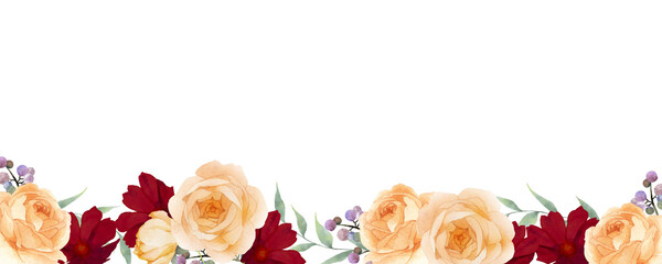 水彩で描いた秋色の薔薇のボーダーフレーム