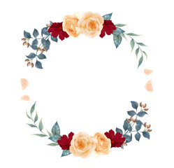 水彩で描いた秋色の薔薇の円形リース
