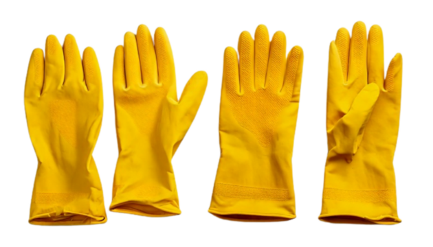 Set of Yellow Rubber Cleaning Gloves, isolated on transparent background.