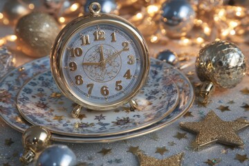 A festive clock on a plate with a Christmas tree in the background, showing five minutes to midnight. The clock has golden details, adding to the holiday spirit.