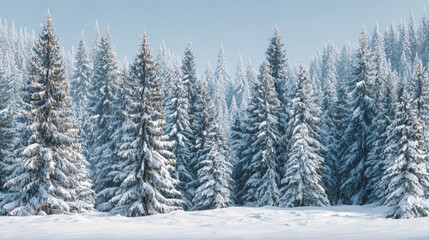 Fototapeta premium A breathtaking winter wonderland scene, featuring a snowy forest. The trees are covered in thick, glistening snow, creating a serene and picturesque landscape. The sunlight filters through the trees
