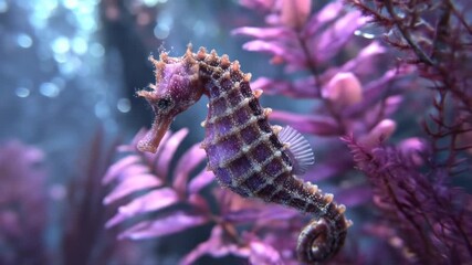 A detailed seahorse swims among vibrant purple underwater plants