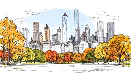 City skyline view from a colorful autumn park