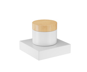 Minimalist white cosmetic cream jar with natural wooden lid, beauty packaging