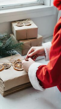 Close-up of Santa sleeves wrapping eco gifts in kraft paper with dried oranges and fir. Natural Christmas packaging for branding and ads