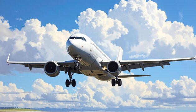 Airliner taking off against a cloudy sky background, travel concept