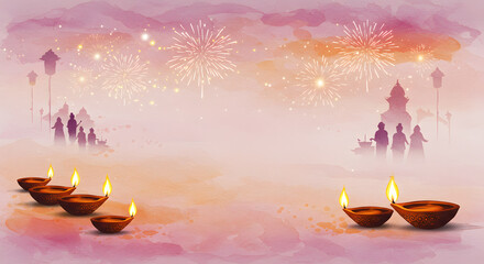 Watercolor Diwali Festival Background with Firework Silhouette of People and Burning Diya Oil Lamp