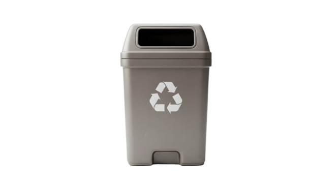 Gray Recycling Bin with Recycling Symbol on White Background