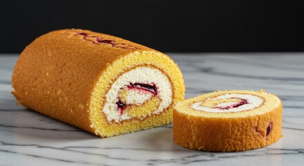 Delicious swiss roll cake filled with cream and berry jam served on marble counter featuring the
