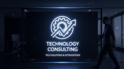 Dynamic Technology Consulting Intro: Neon Logo, Business People, Modern Office