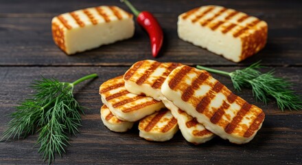 Delicious grilled halloumi cheese with fresh dill and chili pepper on rustic wooden background