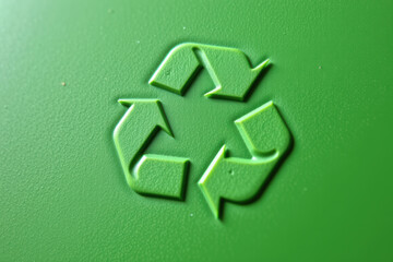 Close-up of recycling symbol embossed on green plastic surface, eco-friendly sustainability and environmental awareness.