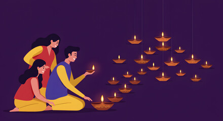 Group of Young Friend Celebrating Diwali Festival Together by Arranging a Traditional Oil Diya Lamp