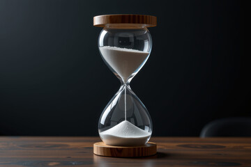 Hourglass time concept minimalist sand glass wooden base dark background elegant space