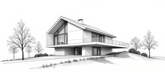Modern house architectural sketch with large windows and balcony in natural landscape