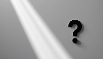 Question mark curiosity concept minimalist design, black symbol on gray wall with dramatic light beam, mystery and inquiry mood