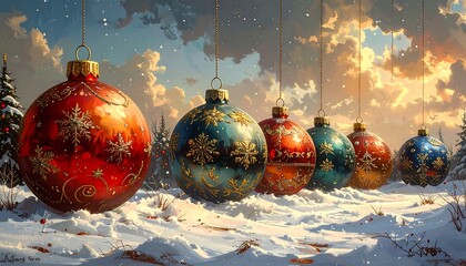 Christmas ornaments hanging in a snowy landscape with a beautiful sunset