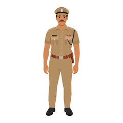 Indian male police officer in khaki uniform with mustache standing front view. Flat vector illustration isolated on white background