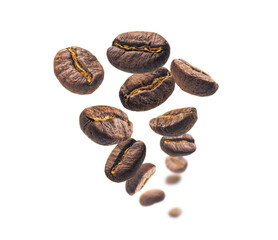 Coffee beans levitate on a white background