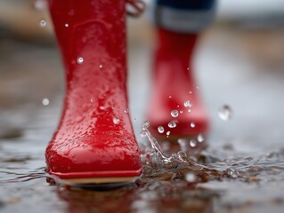 A pair of red rain boots with water splashing on them