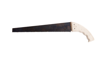 Vintage handsaw with a white handle black, perfect for DIY and construction