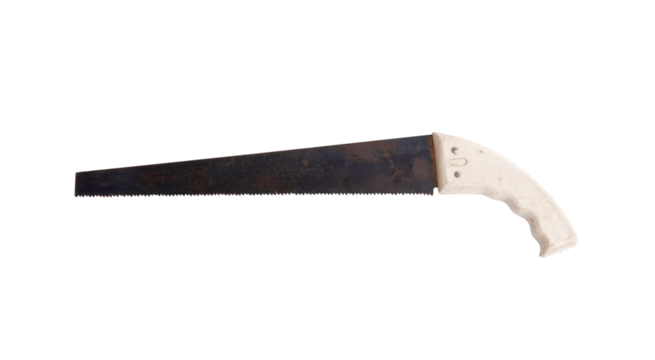 Vintage handsaw with a white handle black, perfect for DIY and construction