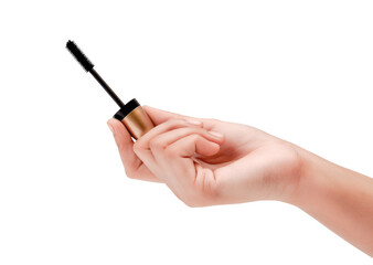 Female hand holding a mascara wand, beauty product