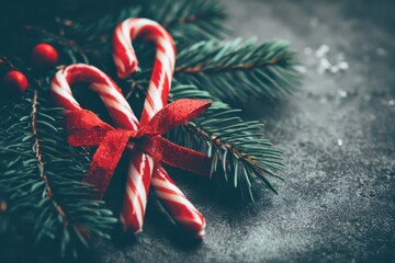 A festive candy cane with a red bow tied on top of a beautifully decorated Christmas tree, creating a whimsical holiday scene.