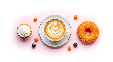 Coffee cup with latte art, cupcake, and donut isolated on pink background