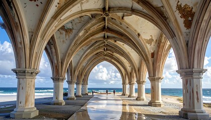 Coastal Architecture: Arched Walkway with Ocean View Under Cloudy Sky