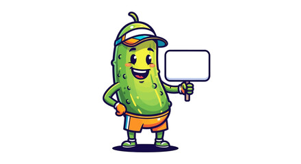 Fototapeta premium Cheerful pickle cartoon character holding a blank sign for personalized messages illustration