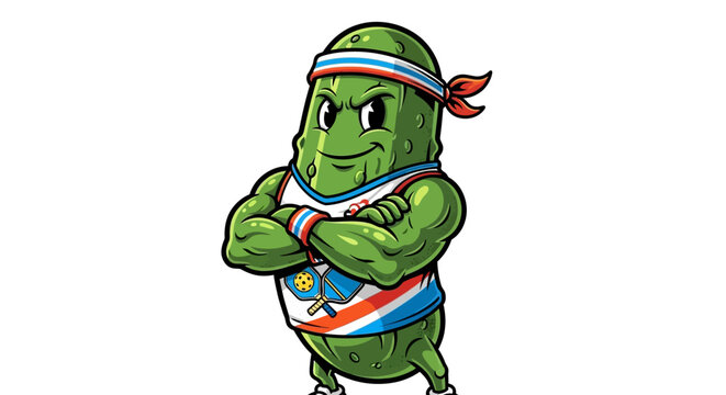 Pickleball Player Cartoon Illustration of a Muscular Pickle with Racquets